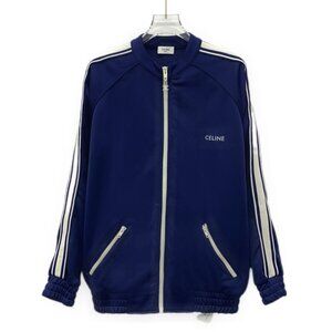Celine Dark Blue Side Stripe Logo Letter Embroidered Zip-Up Long Sleeve Jacket